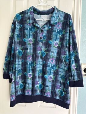 Vintage Blair Floral Tunic 2XL Collared two-button placket rib-knit cuffs & band